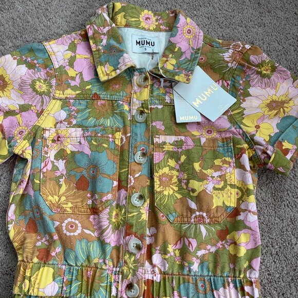 Show Me Your Mumu Cannon Romper Women S Multi Groovy Blooms Denim Floral NWT NEW - Picture 2 of 6